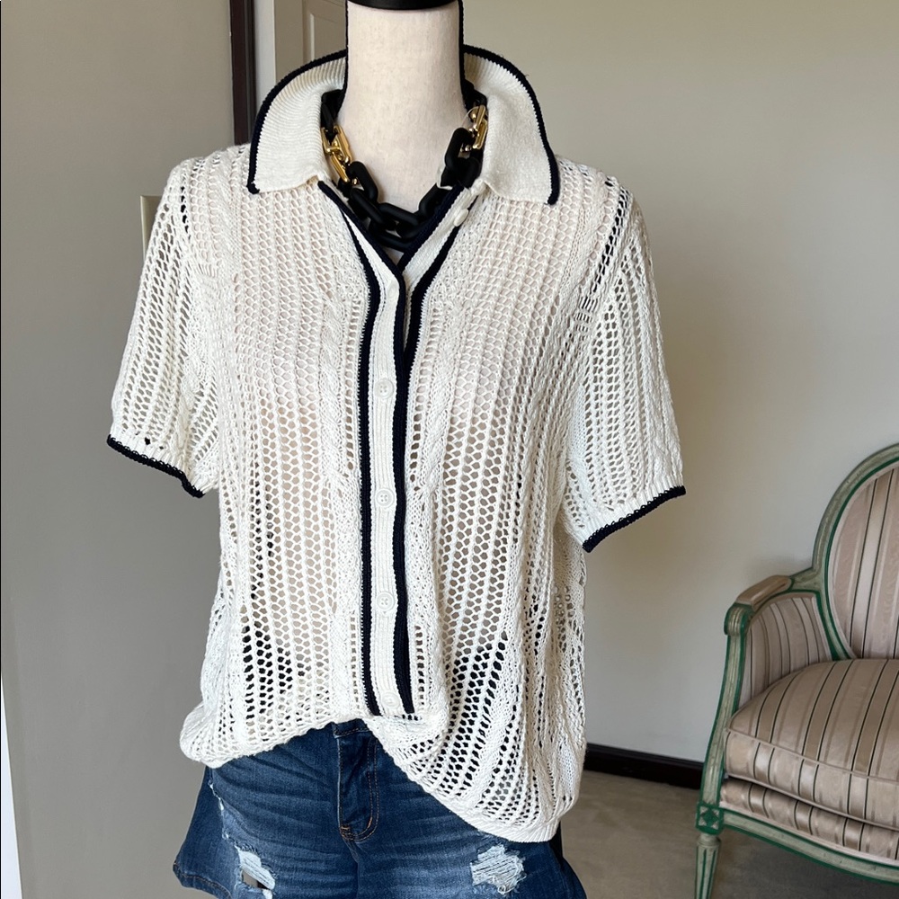 Reiss White Knit Button Down Shirt with Black Accents